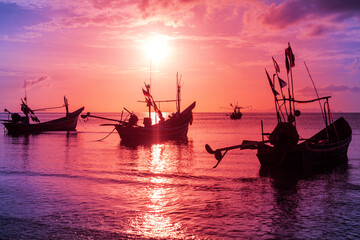Beautiful sea sunset landscape, fisherman boat, ocean sunrise, ship silhouette, tropical island beach, colorful red purple sky cloud, sun reflection on water, summer holidays, travel, Thailand, Samui