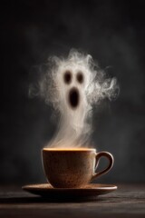 Steaming cup of coffee with rising vapor forming a simple Halloween ghost with hollow eyes and open mouth, slightly distorted by wind against a pure black background