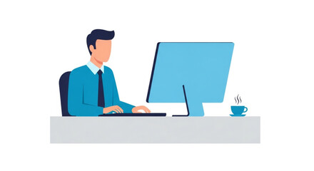 Businessman working at a computer, focused on his task, with a cup of coffee nearby.
