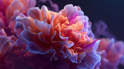 Colorful flower with soft petals illuminated in purple and pink tones  