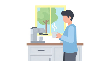 A person stands near a coffee machine, holding a warm cup, near a window.