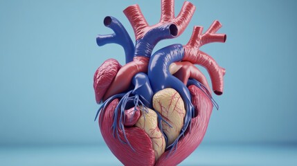 Naklejka premium Anatomical heart model with red and blue vessels on a solid blue background
