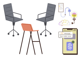 Office chairs and stool with a fingerprint-secured mobile app screen, lightbulb representing idea, cloud, settings gear, and task checklist. Ideal for collaboration, innovation, technology, security