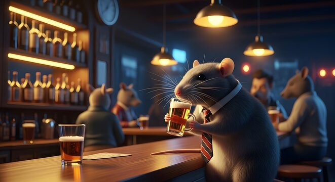 Anthropomorphic Rats Enjoying Drinks at a Pub