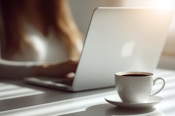 Woman working on laptop, coffee cup on desk