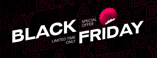 Black Friday Sale Banner Template. Black Friday sale banner concept. Bright typography gradient text. Black Friday Design with Ribbon and Black Friday Typography