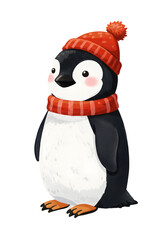 Obraz premium Cute Penguin Character Wearing a Red Hat and Scarf, Winter Theme png clear alpha channel cutout isolated on transparent background