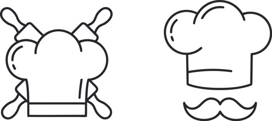Chef hats and rolling pins crossed with moustache simple doodle icons for culinary and restaurant concepts vector