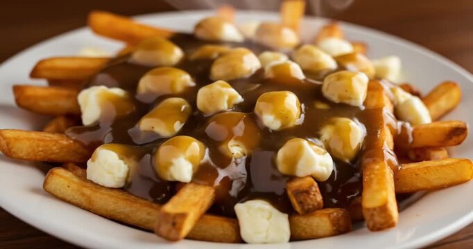 Delicious plate of poutine with fries and gravy