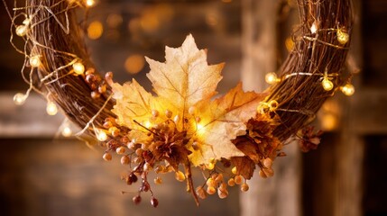 A circular wreath made of twigs and rattan balls adorned with dried autumn leaves and artificial string lights,