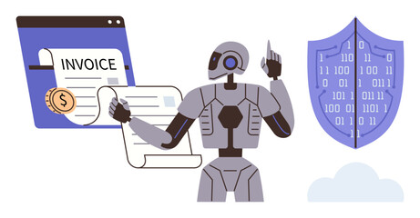 AI robot processing invoices from a browser, shield illustrating data protection. Ideal for automation, finance, cybersecurity, artificial intelligence, efficiency, technology, risk management