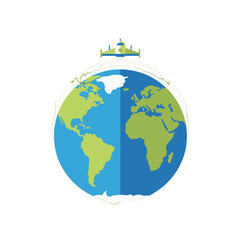 Naklejka premium Globe Illustration with Green Continents and Blue Oceans Minimalist Style on White Background World Map Flat Design Earth Depiction Global Concept Graphic