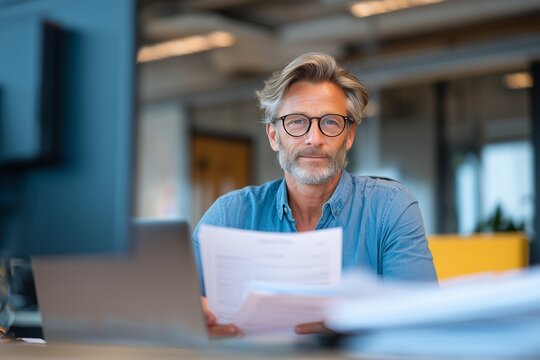 Confident senior businessman with glasses reviewing documents at modern office desk. Concept of leadership, corporate strategy, consulting, management, career growth and professional success.