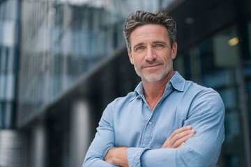Confident mature man in casual shirt standing with arms crossed near modern office building. Concept of leadership, career success, entrepreneur, business growth, personal branding and inspiration.