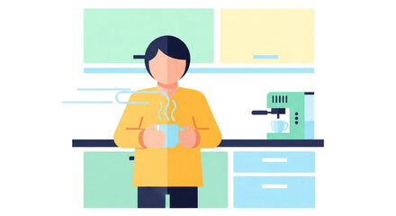 Person enjoying a hot beverage in their kitchen, near an espresso machine.