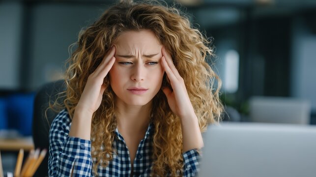 Stressed young businesswoman with curly hair touching head while working on laptop in office, suffering from headache and burnout. Concept of fatigue, overwork, anxiety, deadline pressure, exhaustion. - Powered by Adobe