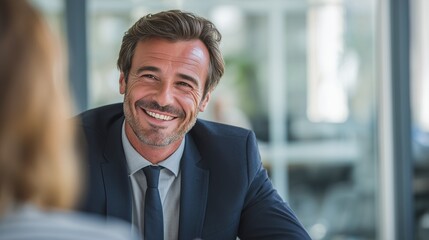 Smiling businessman in suit during meeting, symbolizing confidence, leadership, trust, partnership, professional success, career growth, and corporate communication.