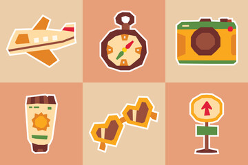 Traveling Themed Sticker Set in Retro Colorful Flat Design with a Cutout Style