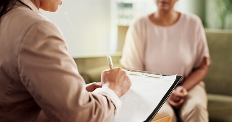 Obraz premium Psychology, clipboard and women with therapy, writing and review trauma with diagnosis. Psychologist, counseling and information with notes, support client and depression with stress and questions