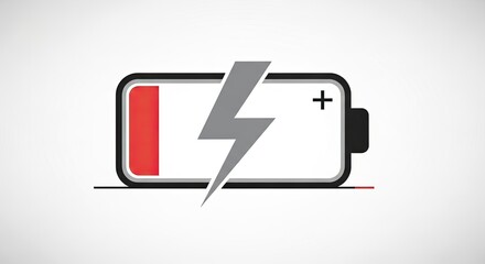 Low battery indicator icon with a lightning symbol, representing power, energy, and the need for charging on a clean, gradient white background.