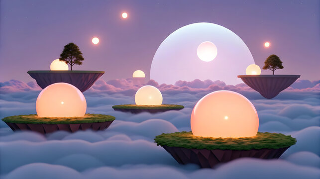 Floating islands with glowing orbs and trees pastel sky
