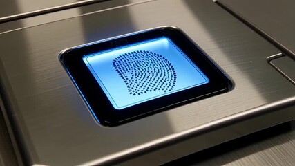 Modern fingerprint scanner activates with glowing blue light for secure biometric access - Powered by Adobe