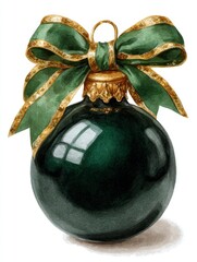 Hyperrealistic emerald green and gold watercolor ball glass ornament with decorative bow, handdrawn clipart style with cartoon fashion elements, high resolution and rich colors