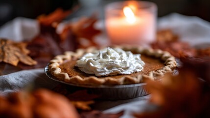 A pumpkin pie topped with whipped cream sits on a surface scattered with orange autumn leaves,