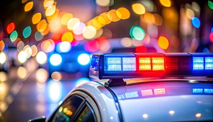 Police car lights flashing at night in urban setting with bokeh backgrounds creating a sense of urgency. Concept for law enforcement, emergency response and public safety