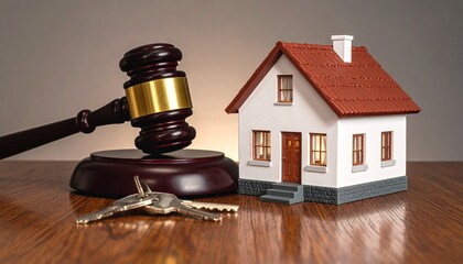 Gavel, Keys and House Model on Wooden Table Representing Real Estate Auction. Concept for property law, home ownership and legal judgment of asset division cases