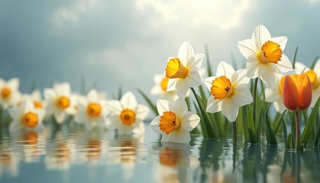 Delicate white daffodils with vibrant orange centers bloom in tranquil water. Single orange tulip adds pop of color. Soft blue sky with clouds provides dreamy backdrop. Peaceful spring scene, perfect