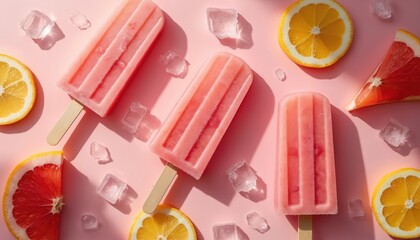 Close-up of pink citrus popsicles with ice cubes and fruit slices. Refreshing summer dessert, sweet treat. Grapefruit and orange flavors combined for a cool, tangy, and fruity frozen delight.