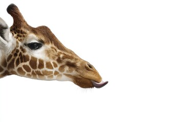 Naklejka premium Close-up of a giraffe's head and neck, showing its spotted coat and protruding tongue