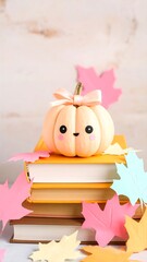 Cute pumpkin on books with fall leaves