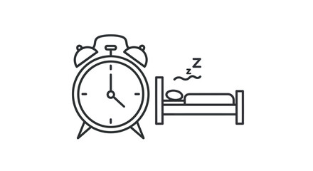 Line art illustration of an alarm clock and a person sleeping in bed.