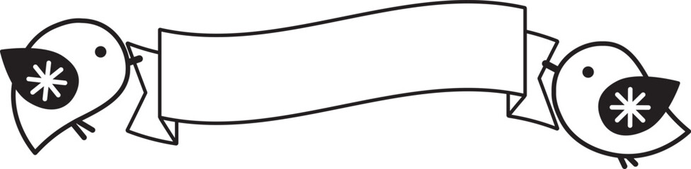 小鳥とリボンバナーのモノクロメッセージイラスト