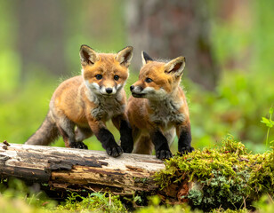 Obraz premium Two adorable red fox kits interacting on a mossy forest log.