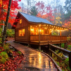 Cozy cabin nestled in autumn woods