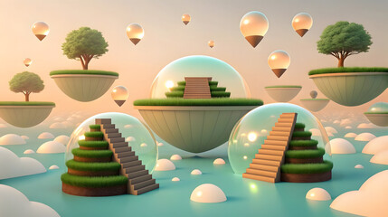 Floating islands with grass steps and trees under glass domes