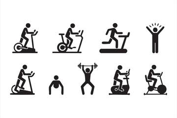 Vector fitness icons of treadmill, bike, and workout activities for gym and health use