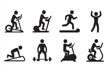 Fitness workout icons set with treadmill, exercise bike, and weightlifting pictograms