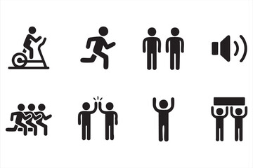 Teamwork and fitness icons set with running, exercise bike, and high five symbols