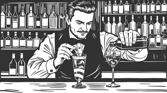 Nicely groomed bartender in a vest pouring a drink from a bottle to a glass. Black and white vintage woodcut style vector illustration.