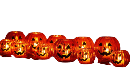 Halloween pumpkins glowing bright on transparent background