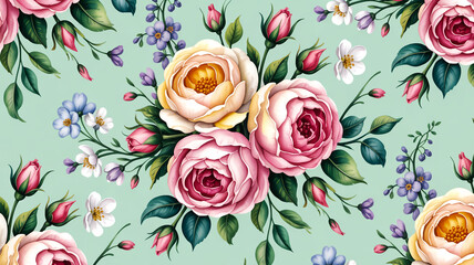 Delicate floral wallpaper, intricate blossoms, mint green background, elegant seamless design