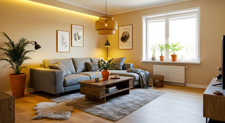 A beautifully decorated contemporary living room featuring a comfortable sectional sofa, natural wood accents, and ambient lighting for a cozy atmosphere
