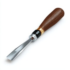 High quality wood carving tool with a brown wooden handle and a sharp metal blade isolated on white background