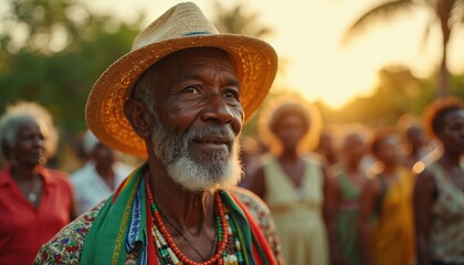 Elderly African man wearing straw hat, beads, colorful scarf looking forward. Group of people in background, sunset light. Celebrates African Independence Day, Juneteenth, freedom, unity, history.