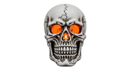 Skull with glowing orange eyes on transparent background