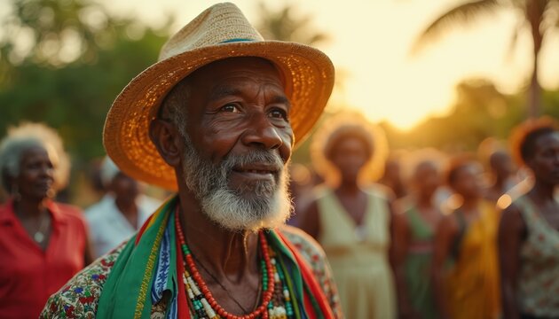 Elderly African man wearing straw hat, beads, colorful scarf looking forward. Group of people in background, sunset light. Celebrates African Independence Day, Juneteenth, freedom, unity, history.